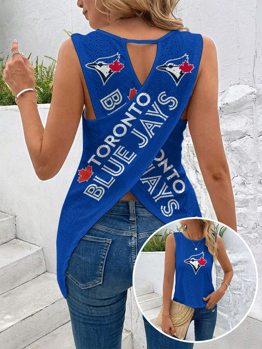 Toronto Blue Jays Cut Out Wrap Cross Wrap Back Asymmetrical Beach Tank Top