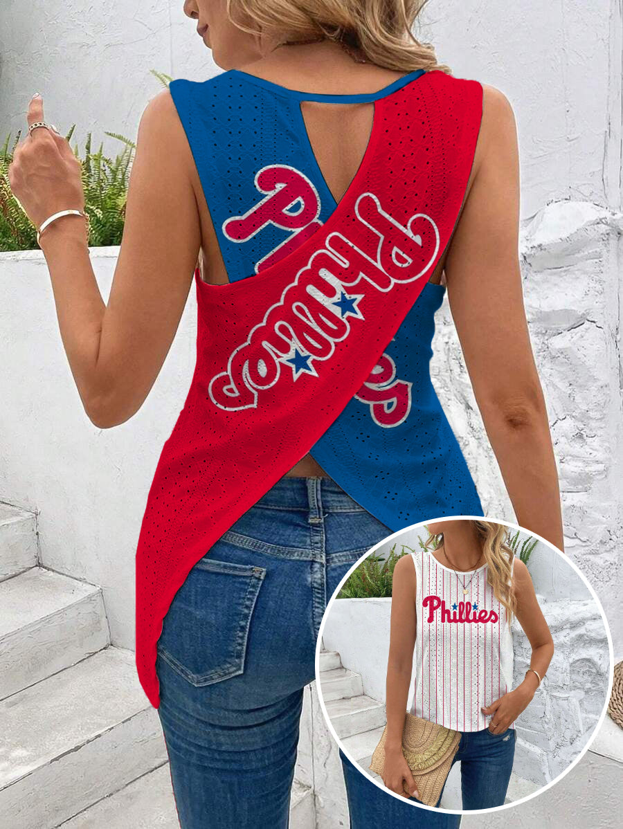 Phillies Cut Out Wrap Cross Wrap Back Asymmetrical Beach Tank Top
