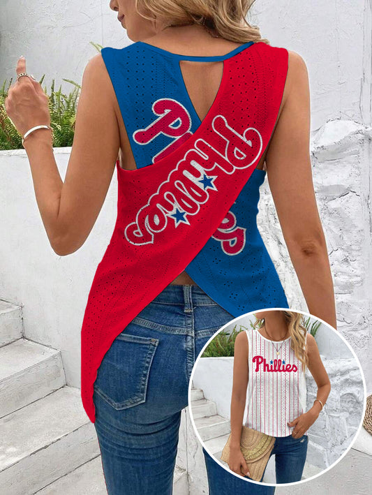 Phillies Cut Out Wrap Cross Wrap Back Asymmetrical Beach Tank Top