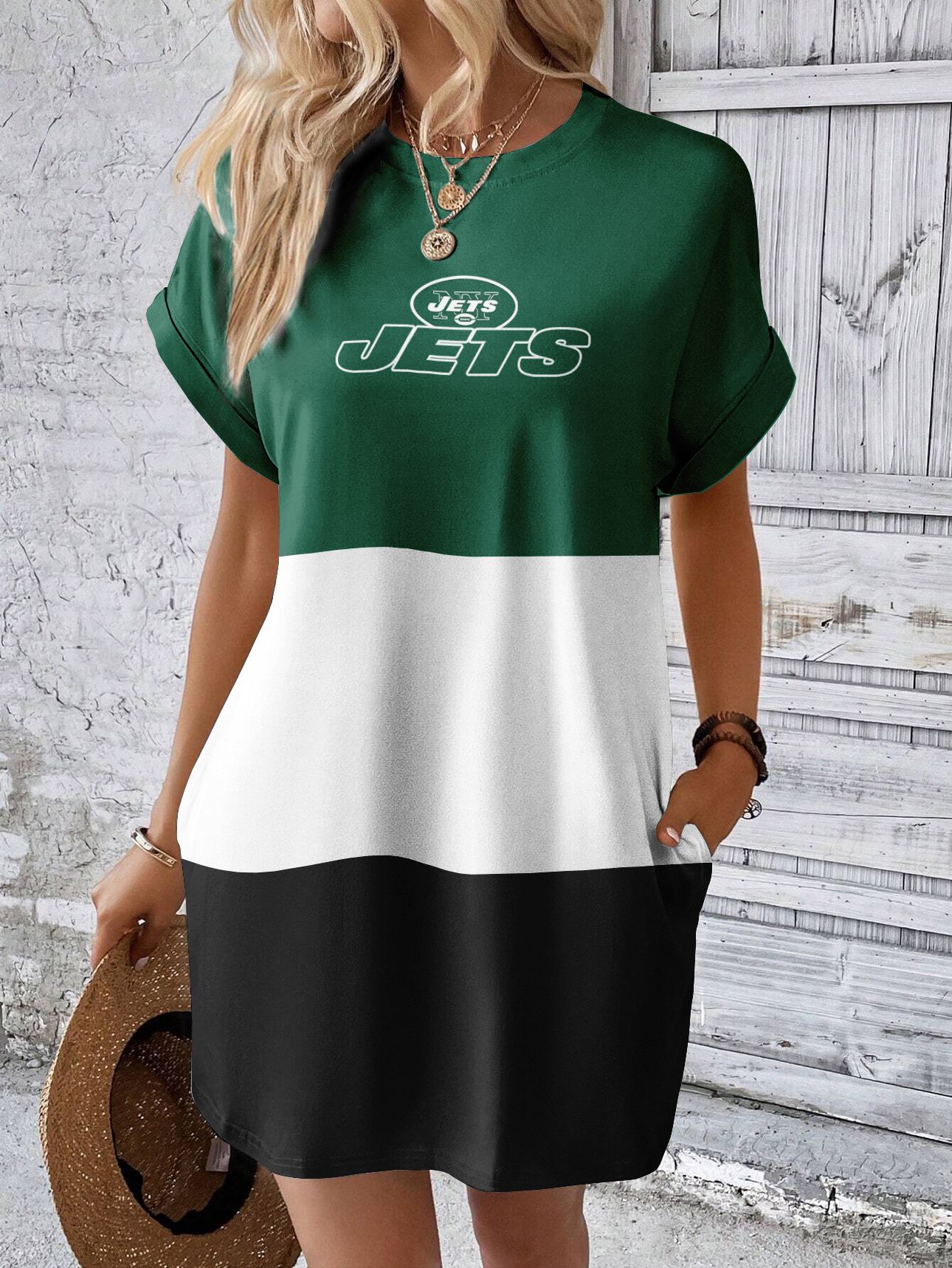 New York Jets Solid Hidden Pocket Batwing Sleeve Tee Dress
