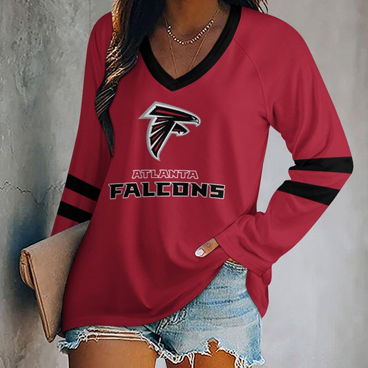Atlanta Falcons Women's V-neck Double-layered Long-sleeved Loose T-shirt