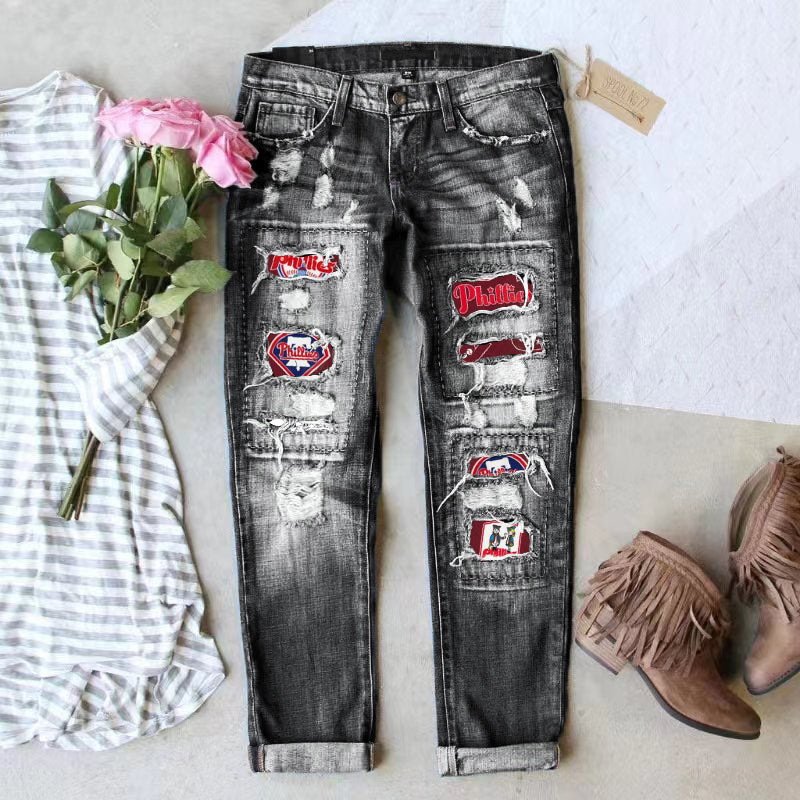 STRETCH RIPPED FRAYED RAW HEM DISTRESSED DENIM JEANS WITH HOLE