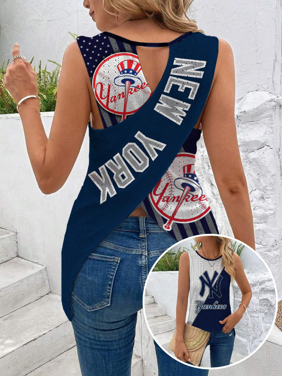 Yankees Cut Out Wrap Cross Wrap Back Asymmetrical Beach Tank Top