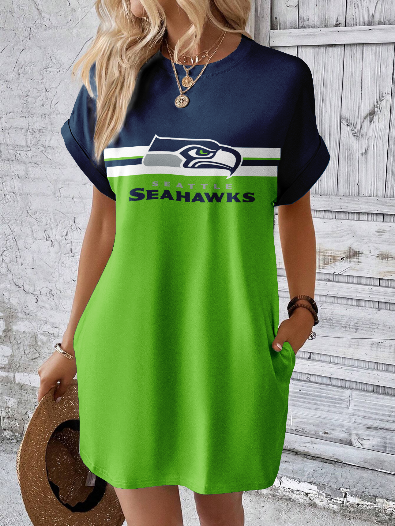 Seattle Seahawks Solid Hidden Pocket Batwing Sleeve Tee Dress