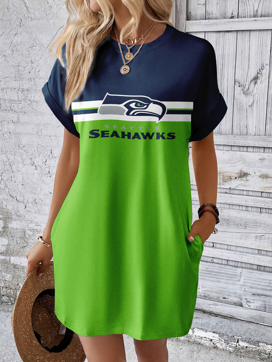 Seattle Seahawks Solid Hidden Pocket Batwing Sleeve Tee Dress