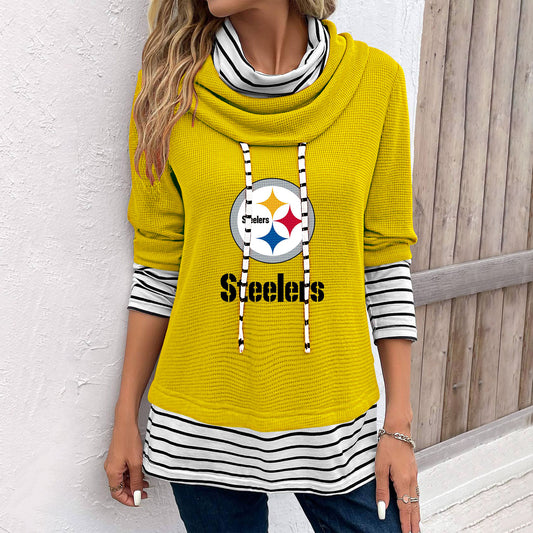 Patchwork Striped Cowl Neck Long Sleeve Sweatshirt