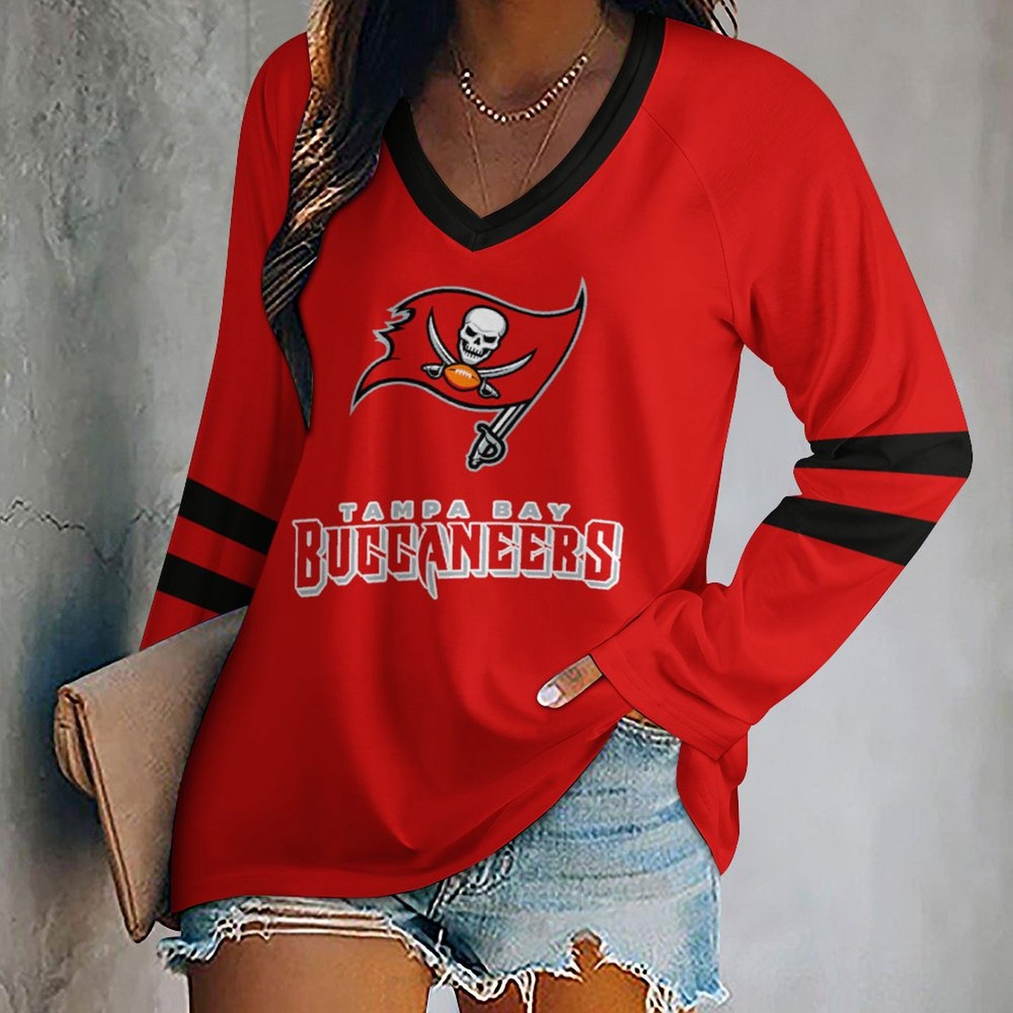 Tampa Bay Buccaneers Women's V-neck Double-layered Long-sleeved Loose T-shirt