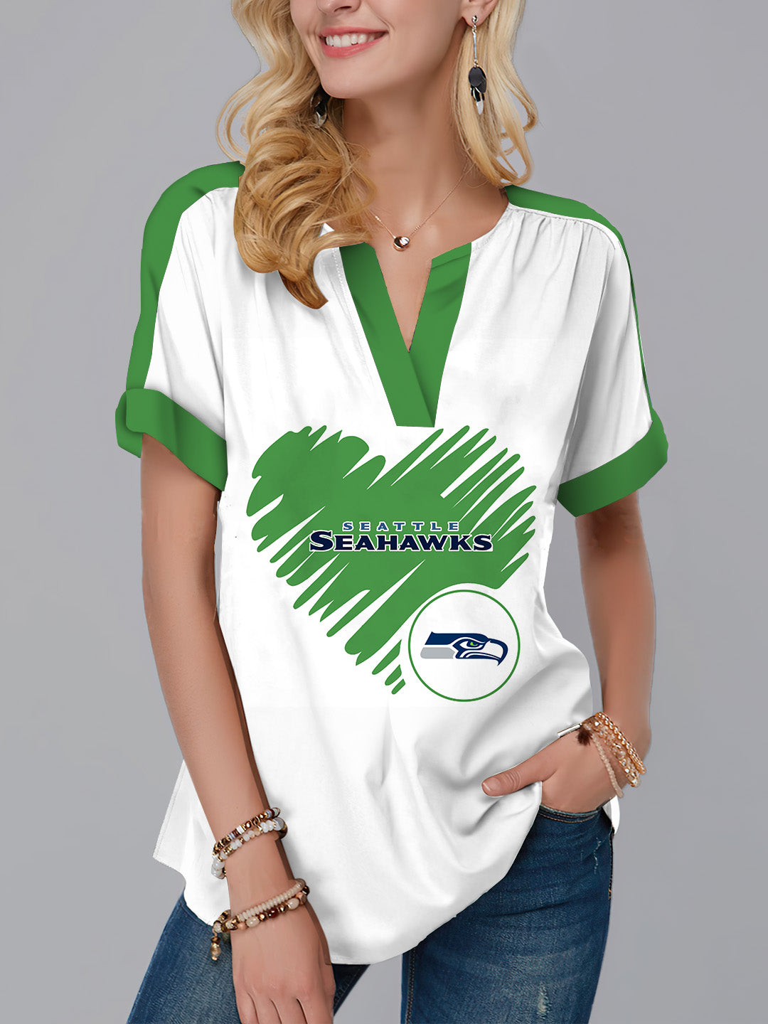 Seattle Seahawks  Fashion Short Sleeve V-Neck Shirt