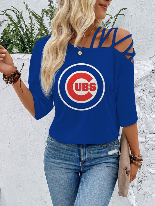 Cubs Criss Cross Asymmetrical Neck Tee