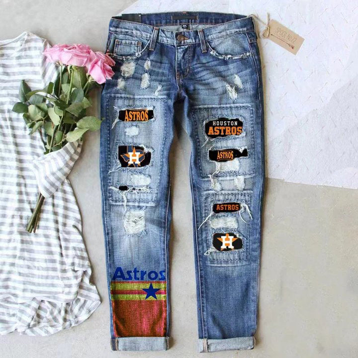 STRETCH RIPPED FRAYED RAW HEM DISTRESSED DENIM JEANS WITH HOLE