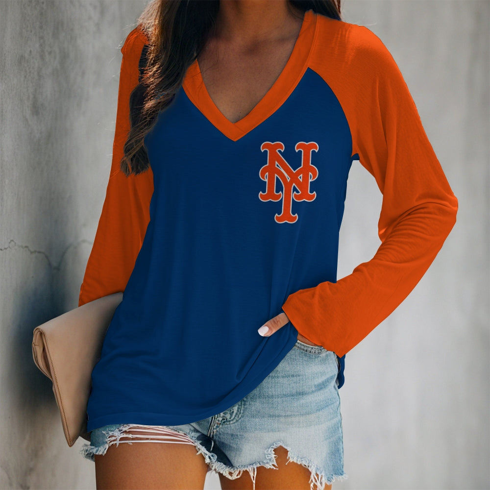 Women's V-neck Double-layered Long-sleeved Loose T-shirt