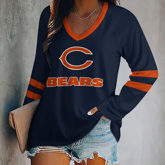 Chicago Bears Women's V-neck Double-layered Long-sleeved Loose T-shirt