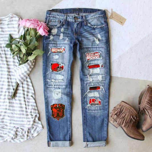 casual fashion perforated printed jeans