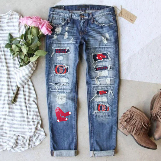 casual fashion perforated printed jeans