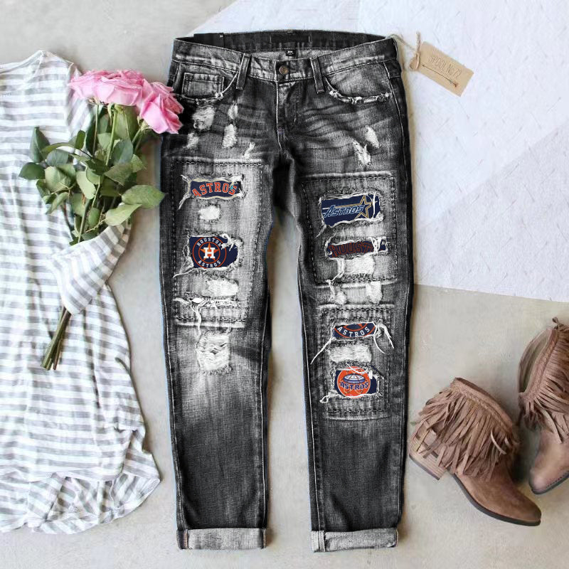 STRETCH RIPPED FRAYED RAW HEM DISTRESSED DENIM JEANS WITH HOLE
