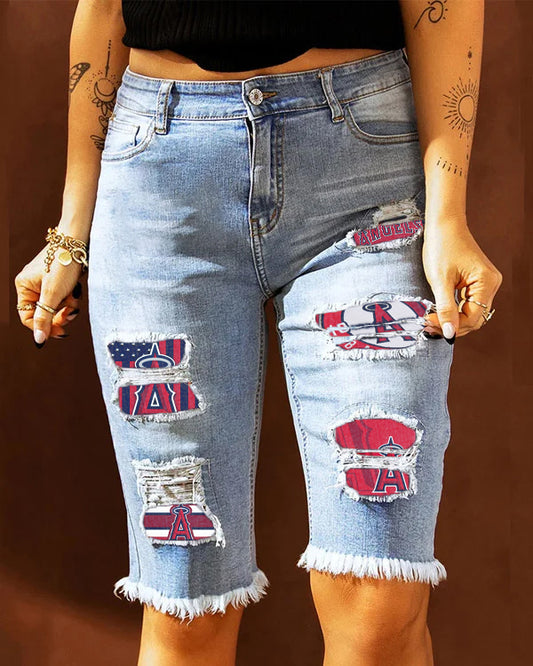 MID-RISE RIPPED PATCHES DENIM BERMUDA SHORTS