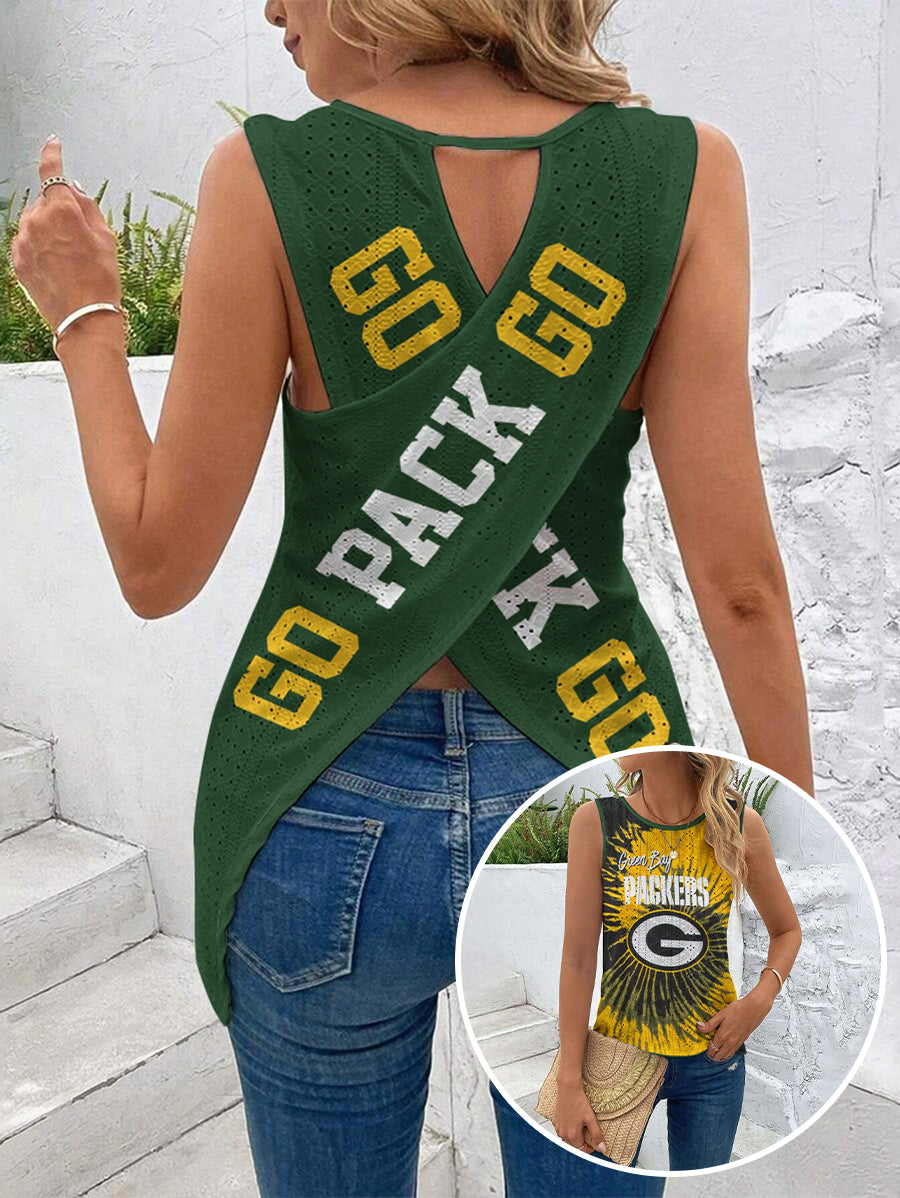 Green Bay Packers Cut Out Wrap Cross Wrap Back Asymmetrical Beach Tank Top
