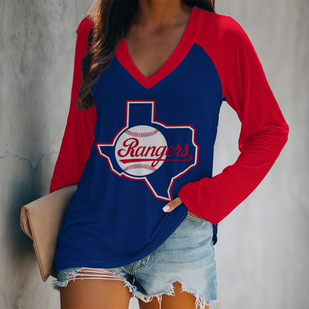 Women's V-neck Double-layered Long-sleeved Loose T-shirt