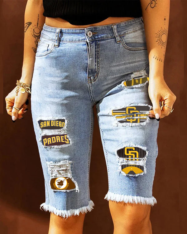 MID-RISE RIPPED PATCHES DENIM BERMUDA SHORTS