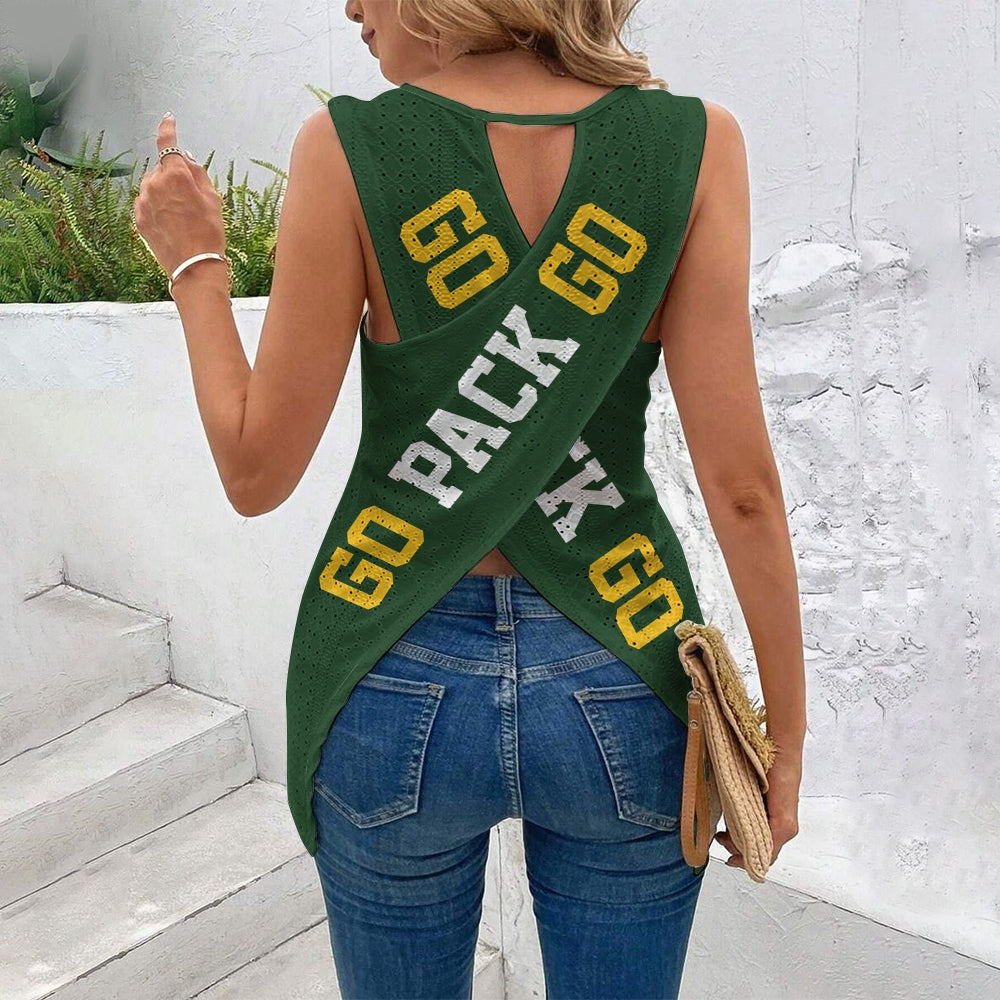 Green Bay Packers Cut Out Wrap Cross Wrap Back Asymmetrical Beach Tank Top