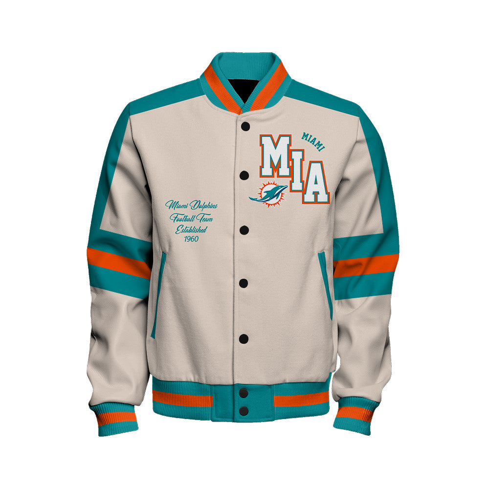 Miami Dolphins Football Team 2025 -26 Feel The Power Unisex Varsity Jacket