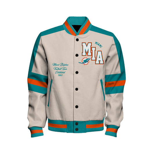 Miami Dolphins Football Team 2025 -26 Feel The Power Unisex Varsity Jacket