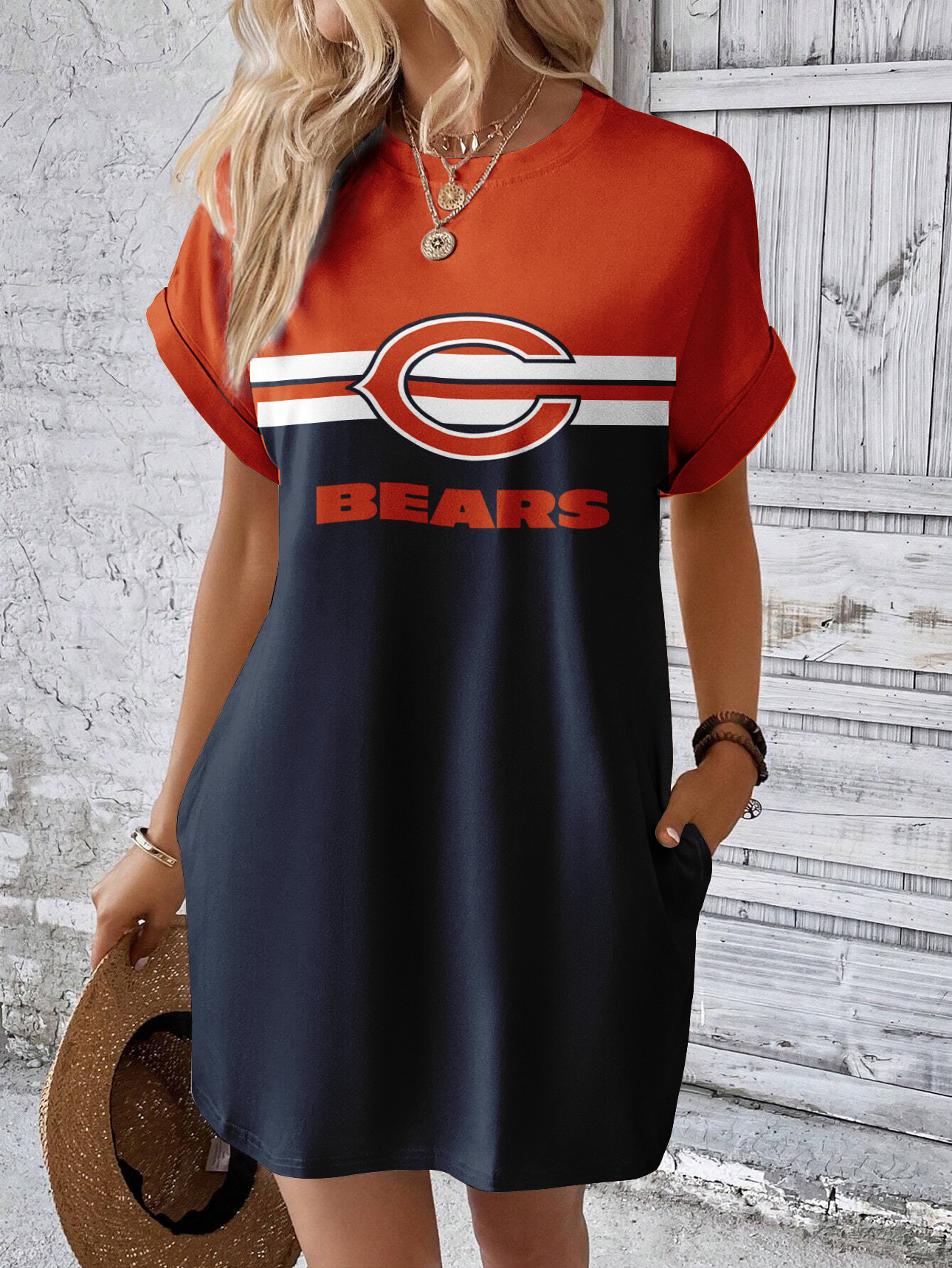 Chicago Bears Solid Hidden Pocket Batwing Sleeve Tee Dress