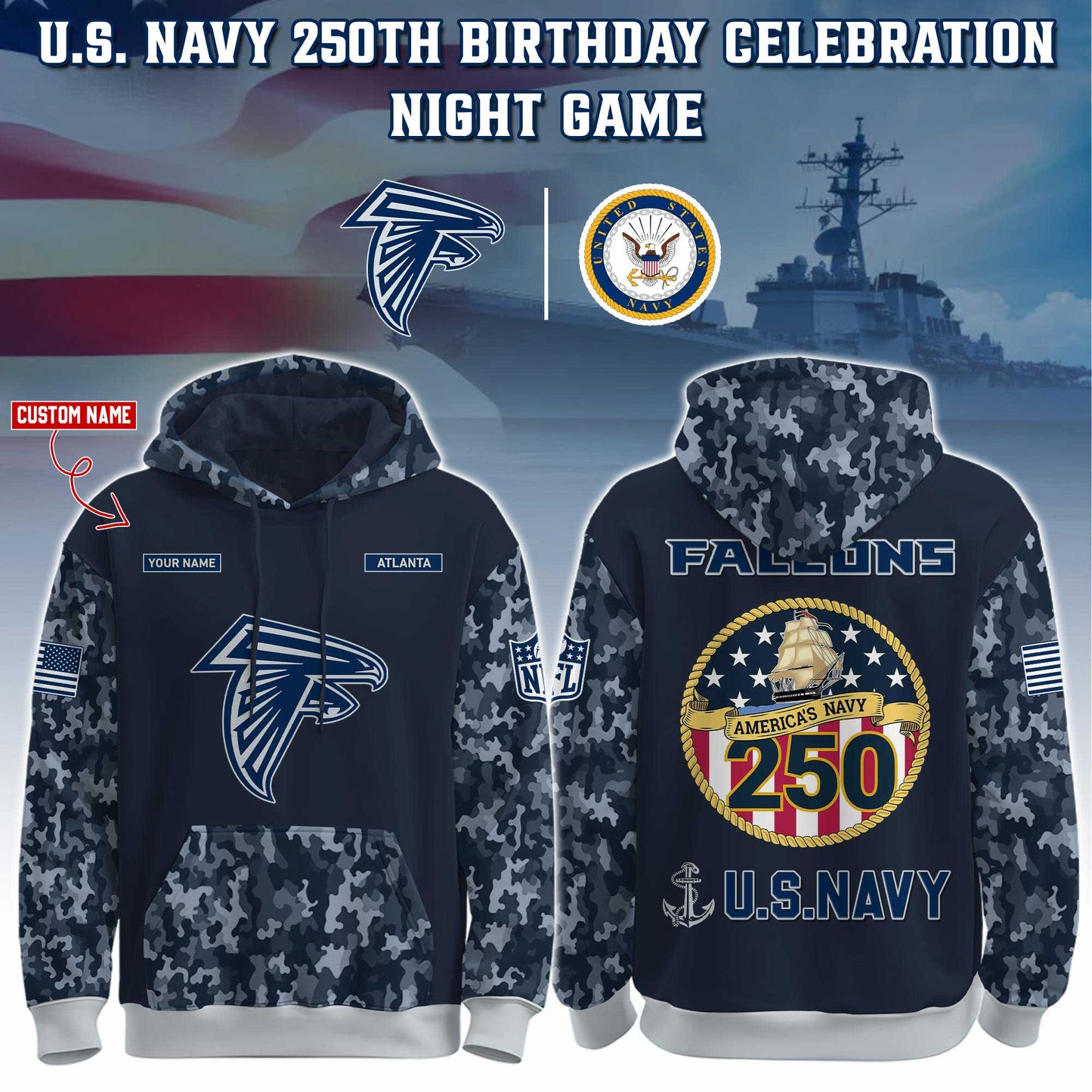 Atlanta Falcons Navy 250th Birthday Hoodie Limited Edions