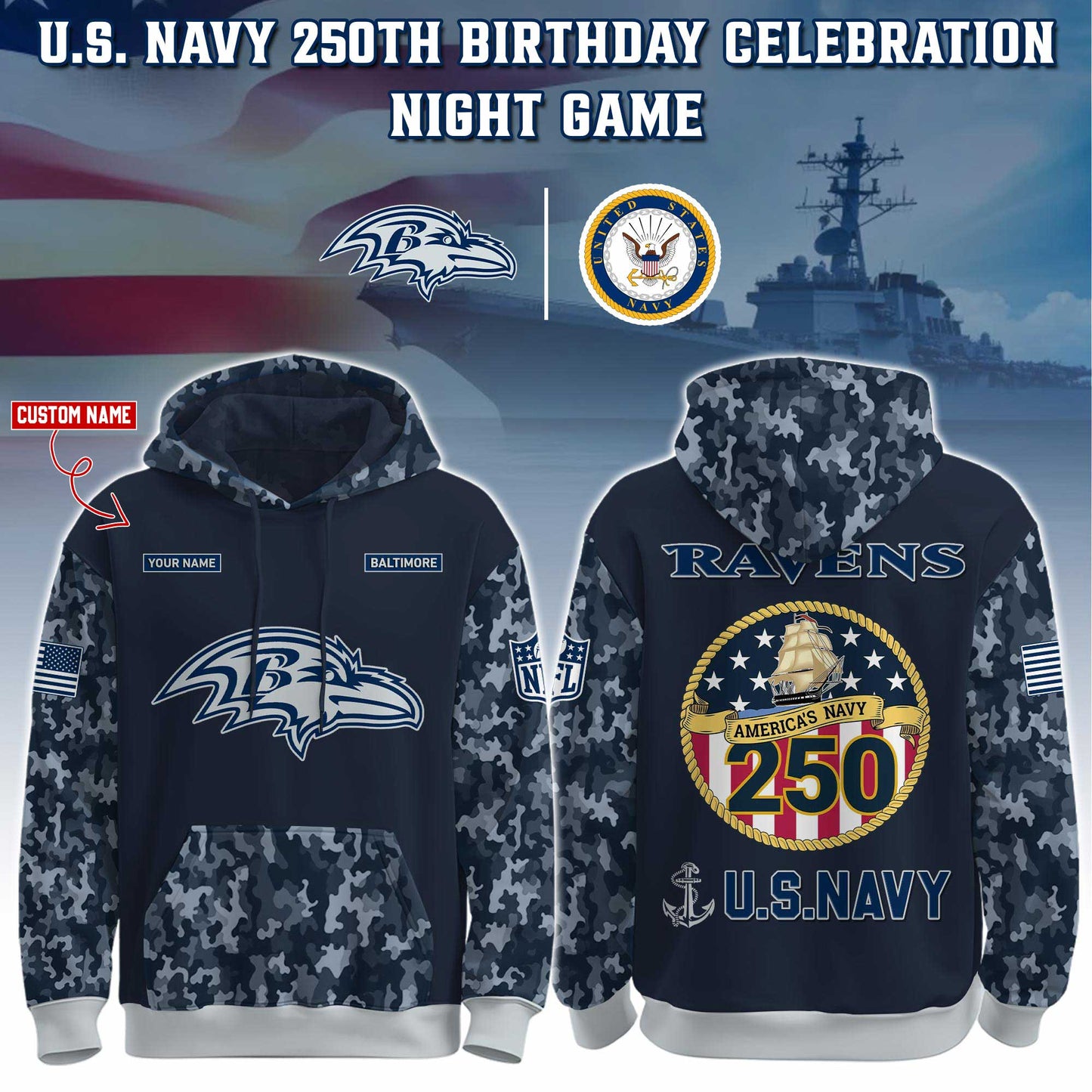 Baltimore Ravens Navy 250th Birthday Hoodie Limited Edions