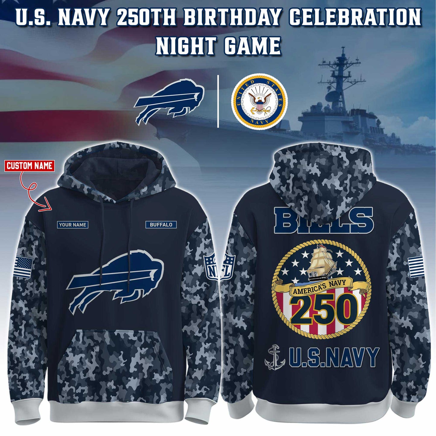 Buffalo Bills Navy 250th Birthday Hoodie Limited Edions