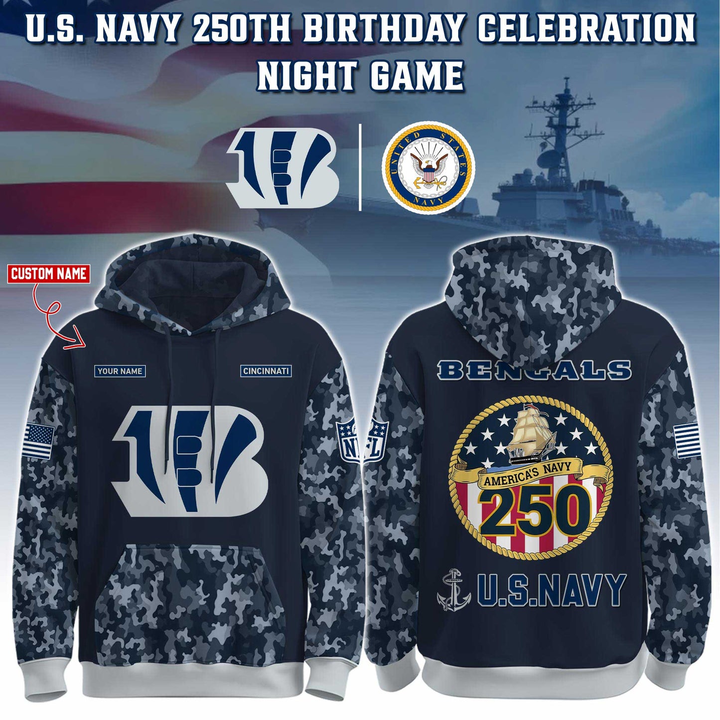 Cincinnati Bengals Navy 250th Birthday Hoodie Limited Edions