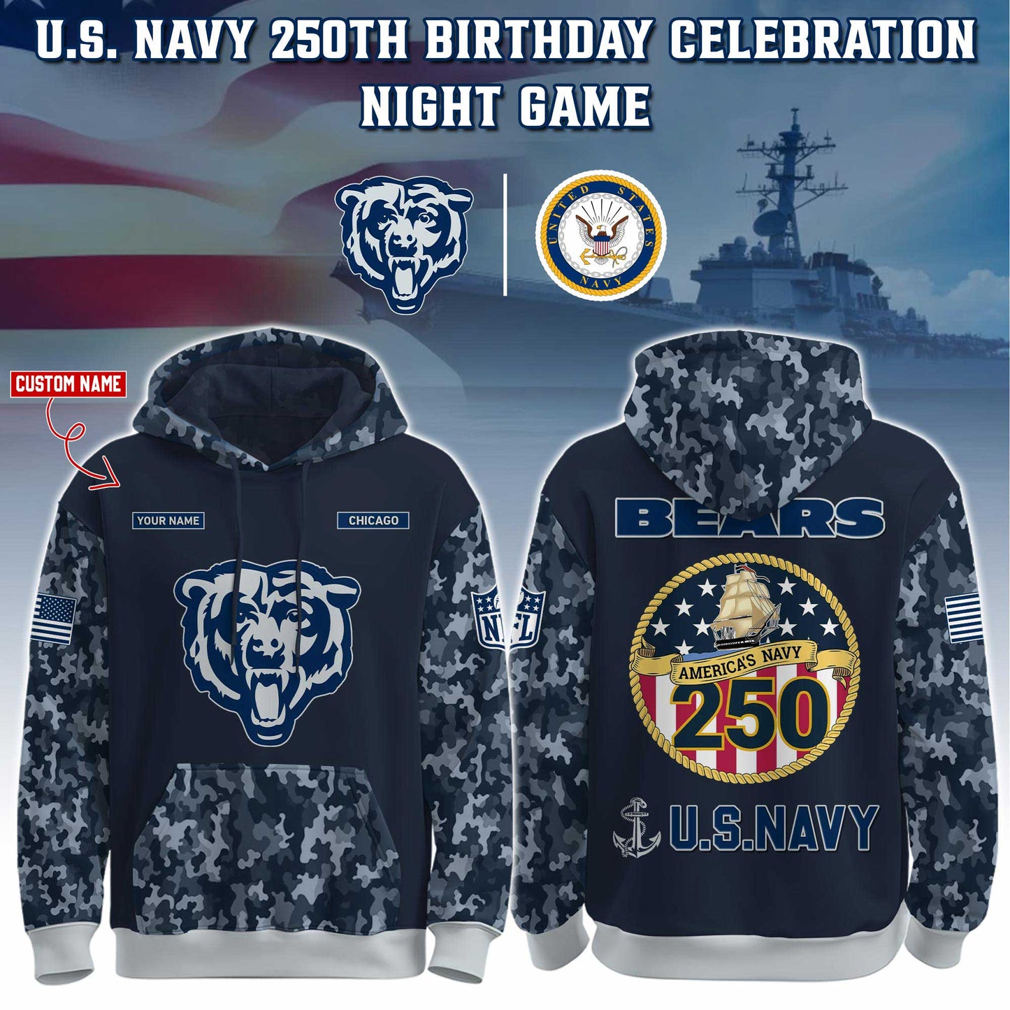 Chicago Bears Navy 250th Birthday Hoodie Limited Edions