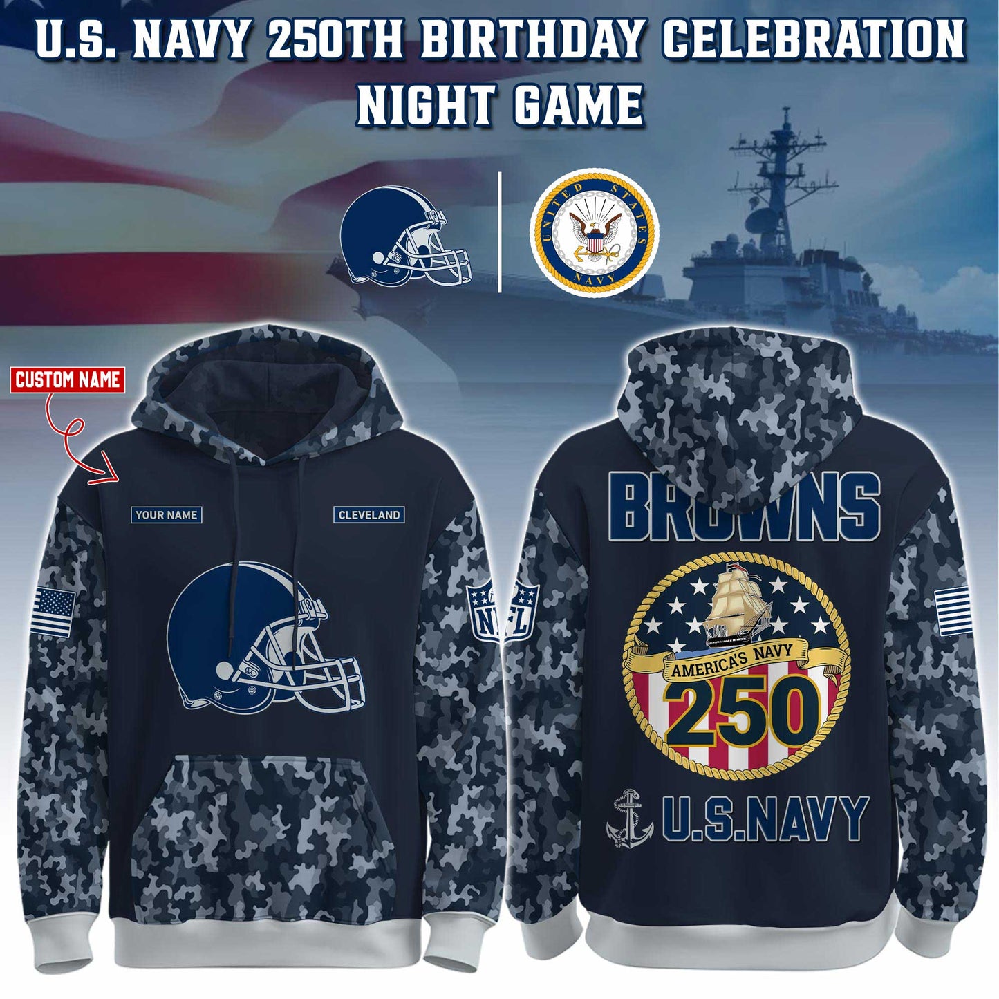 Cleveland Browns Navy 250th Birthday Hoodie Limited Edions