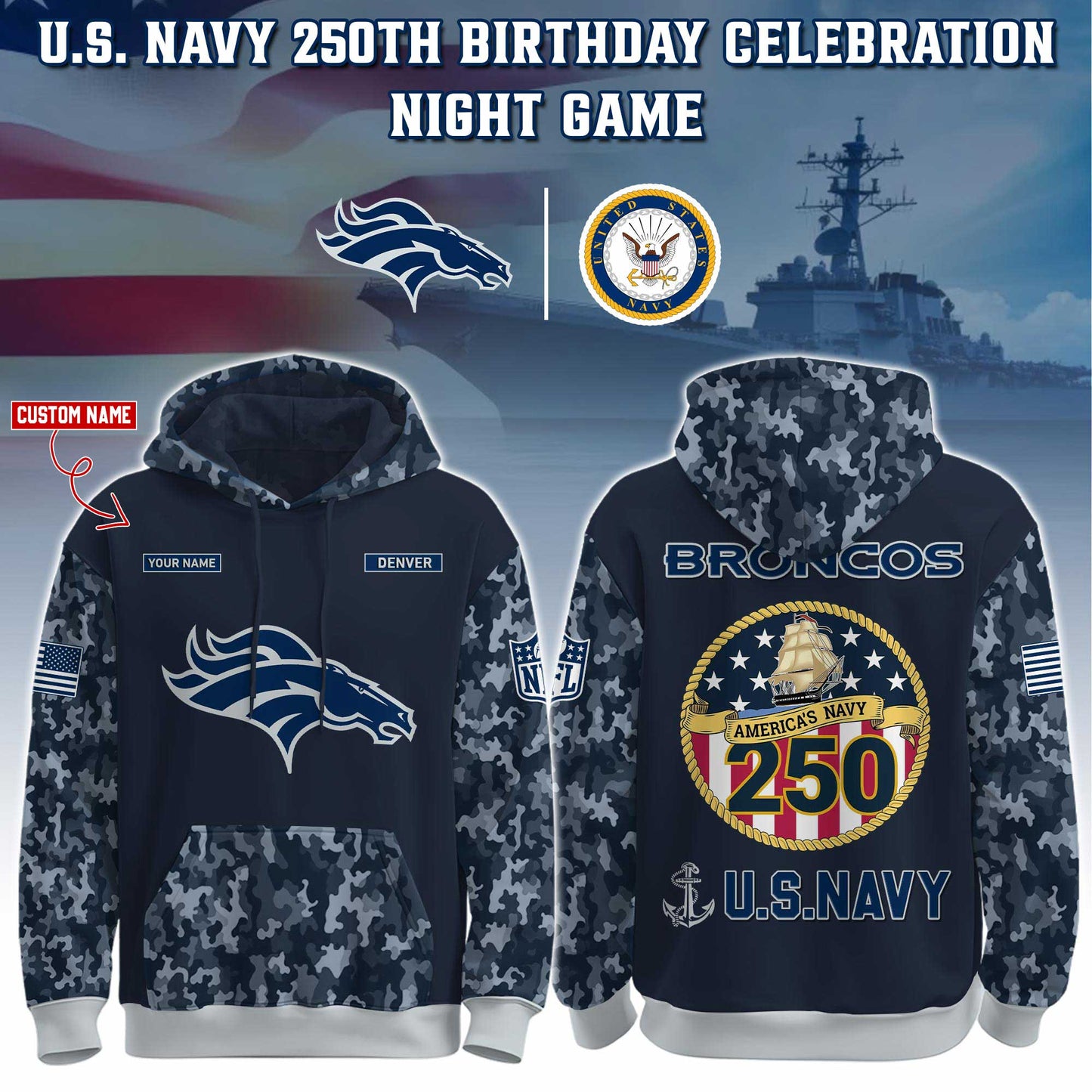 Denver Broncos Navy 250th Birthday Hoodie Limited Edions