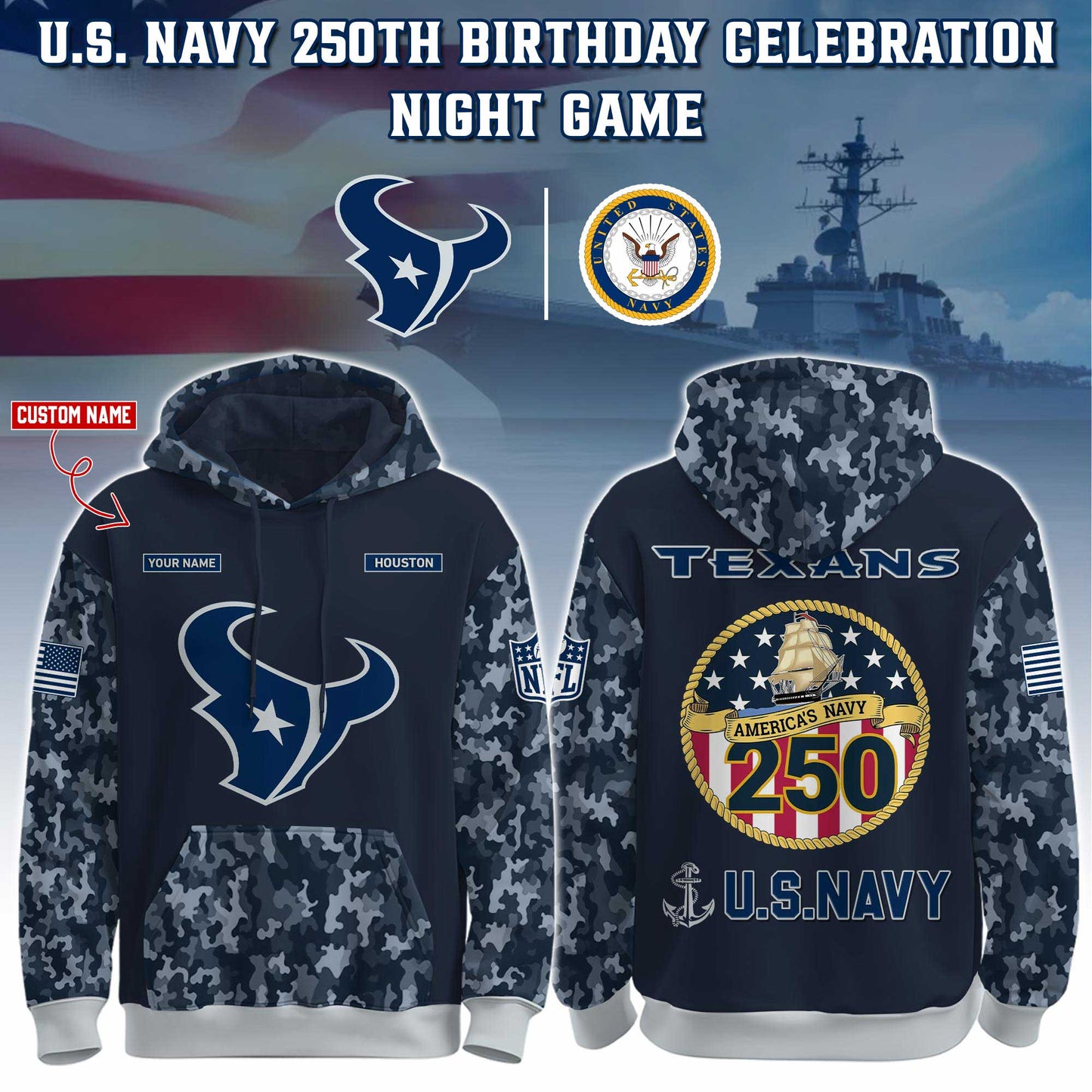 Houston Texans Navy 250th Birthday Hoodie Limited Edions