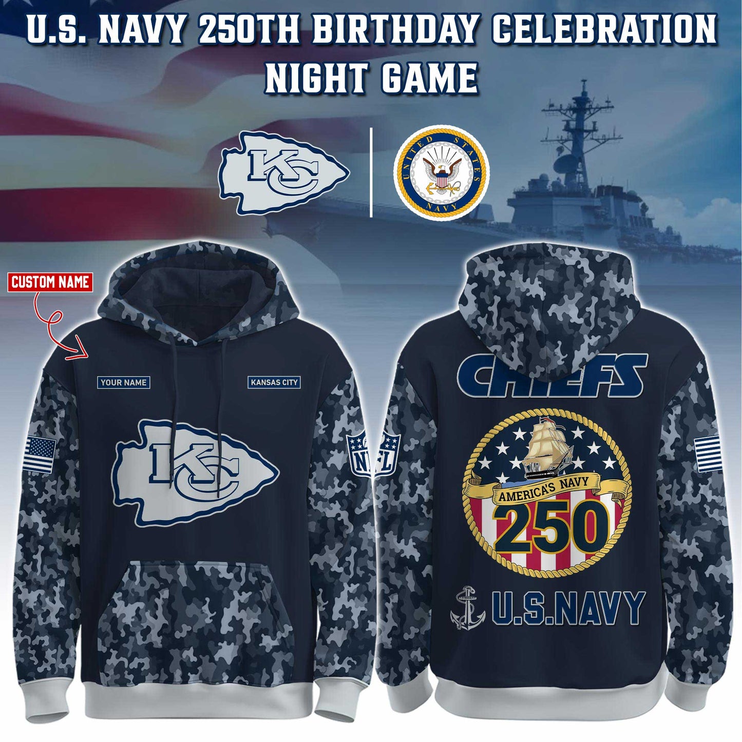 Kansas City Chiefs Navy 250th Birthday Hoodie Limited Edions