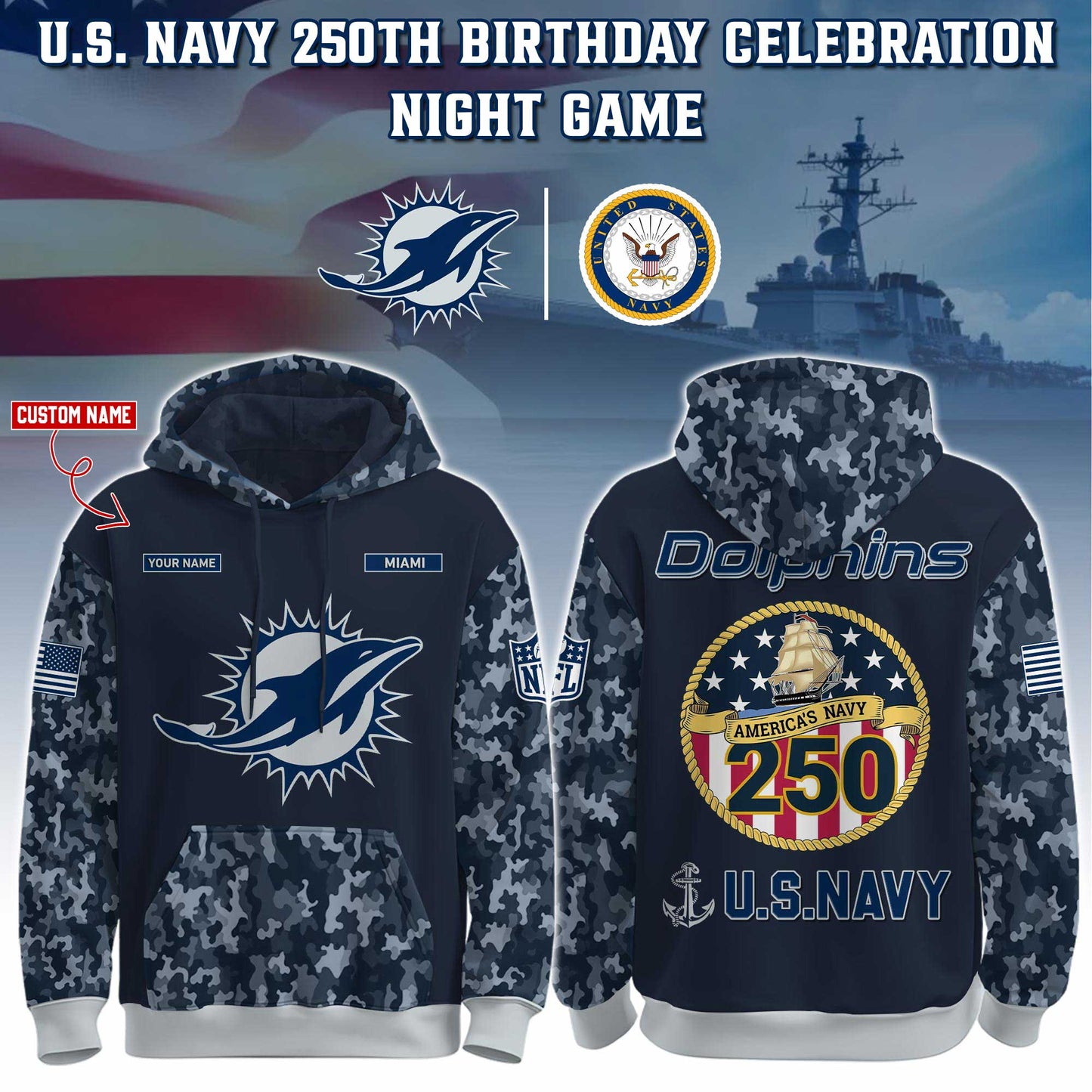 Miami Dolphins Navy 250th Birthday Hoodie Limited Edions