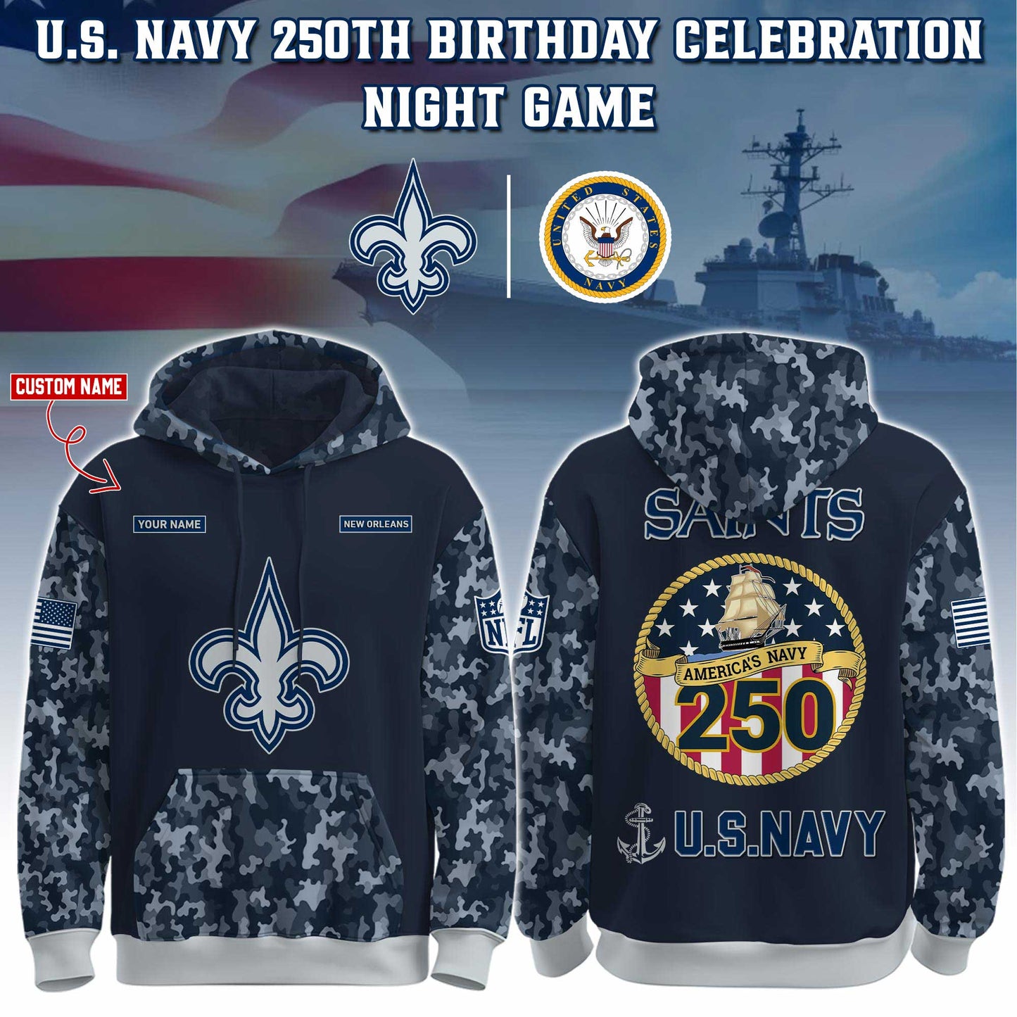 New Orleans Saints Navy 250th Birthday Hoodie Limited Edions