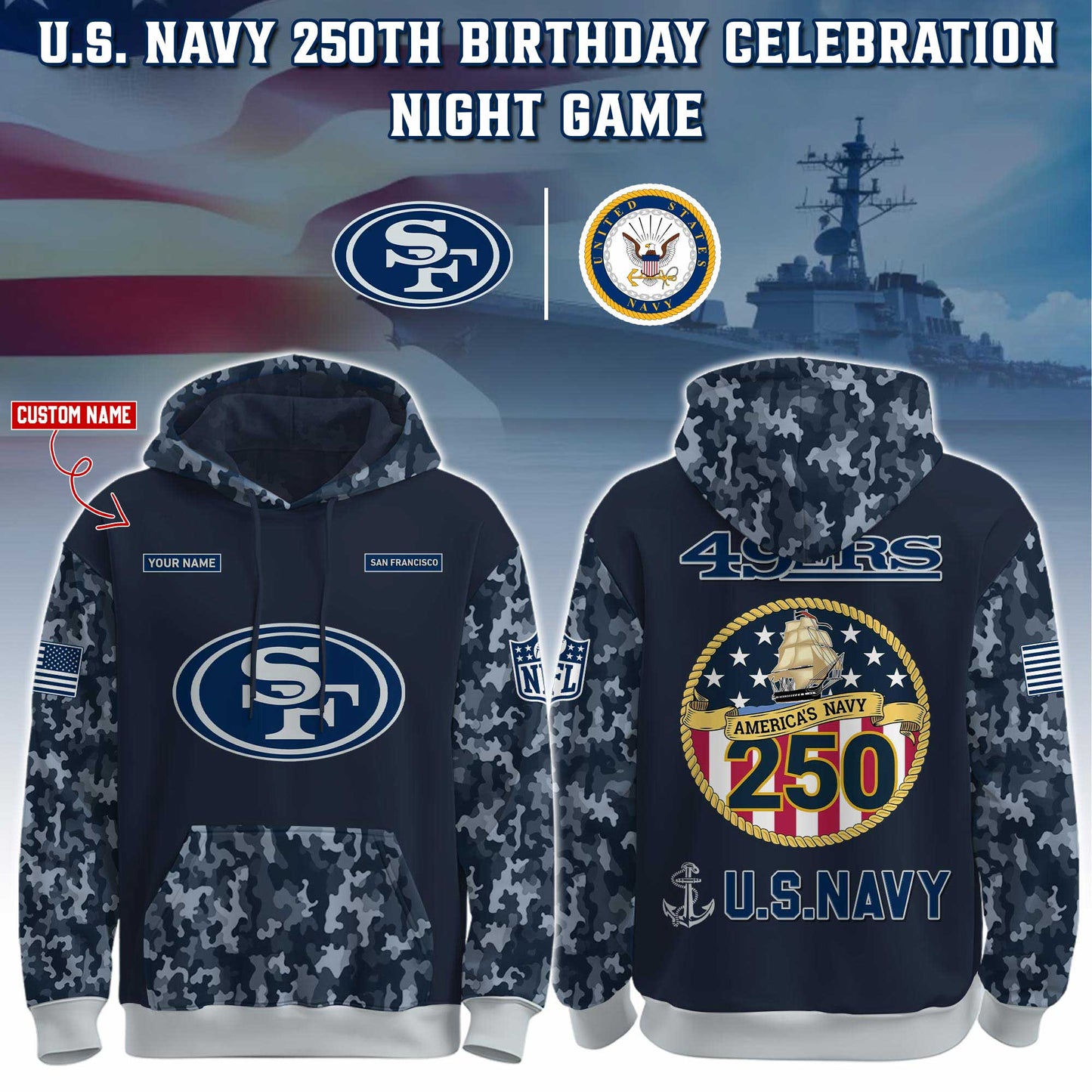 San Francisco 49ers Navy 250th Birthday Hoodie Limited Edions