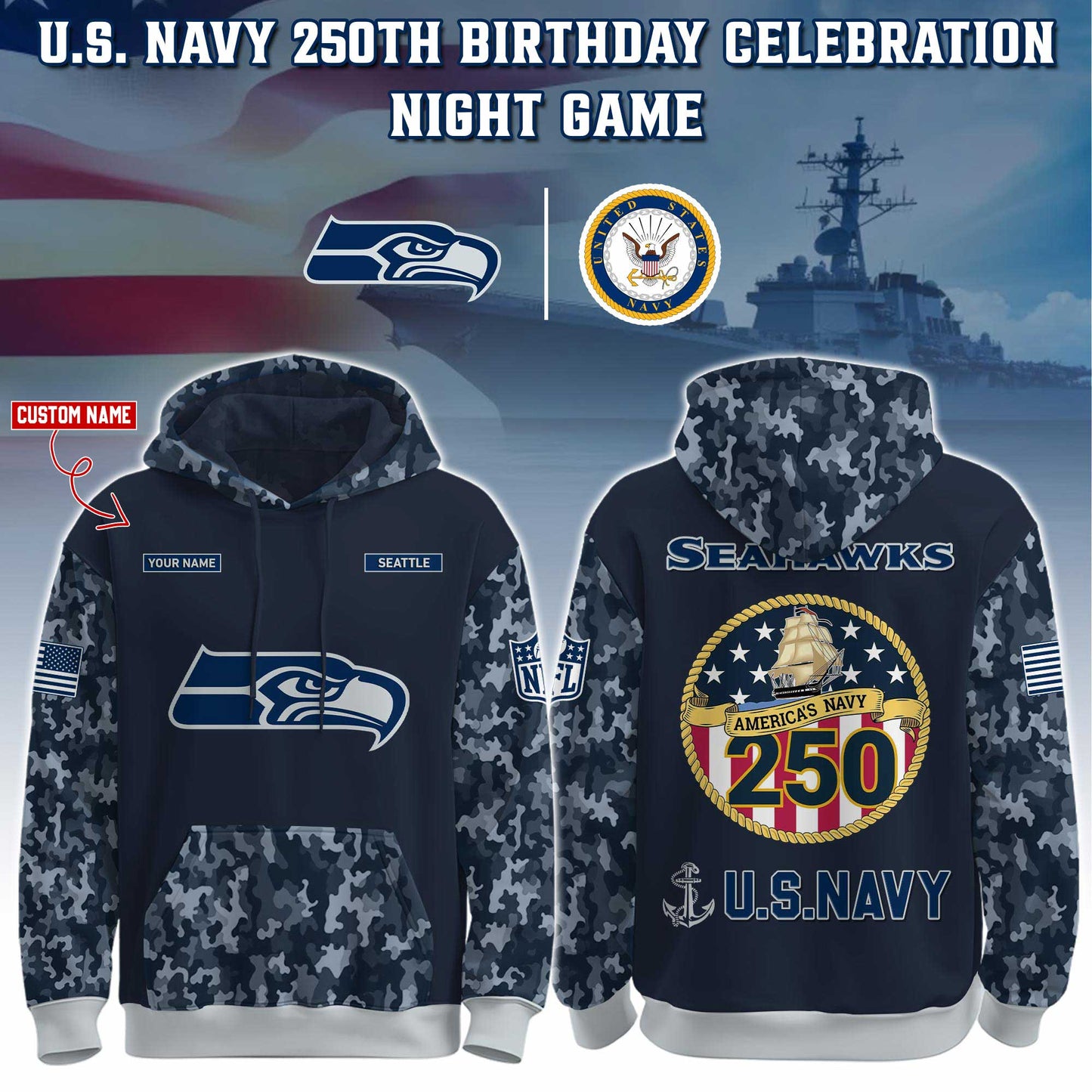 Seattle Seahawks Navy 250th Birthday Hoodie Limited Edions