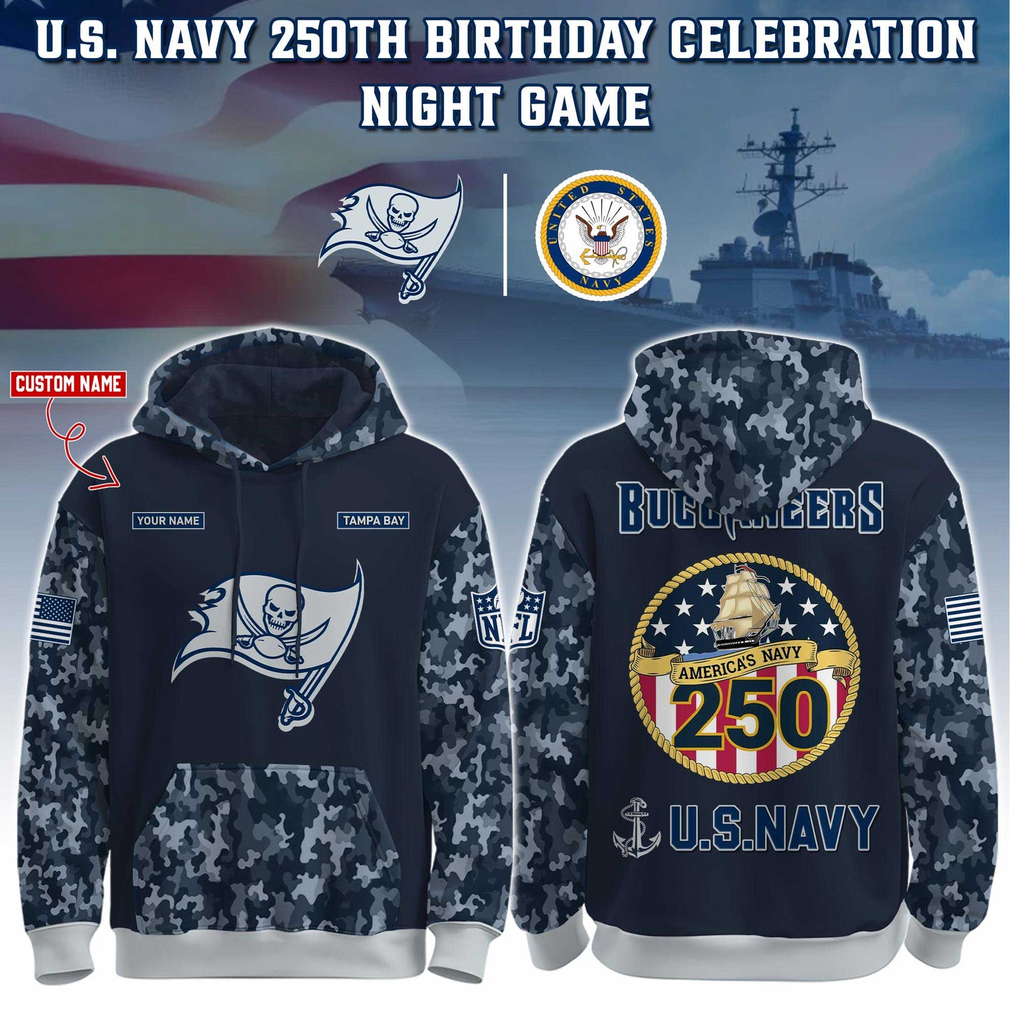Tampa Bay Buccaneers Navy 250th Birthday Hoodie Limited Edions