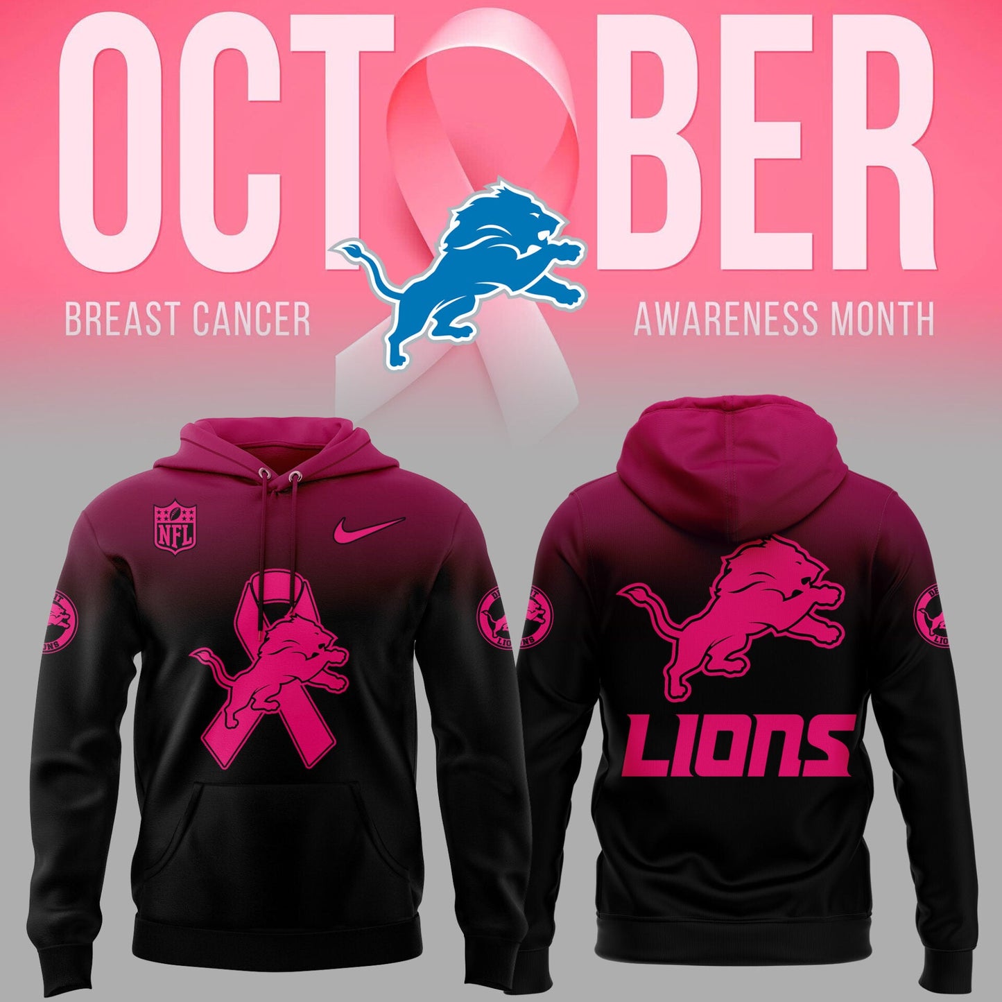 Limited Edition Detroit Lions Football Breast Cancer Hoodie