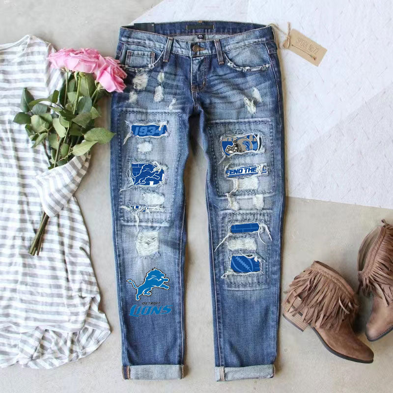 casual fashion perforated printed jeans