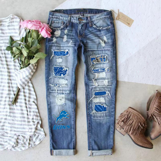 casual fashion perforated printed jeans