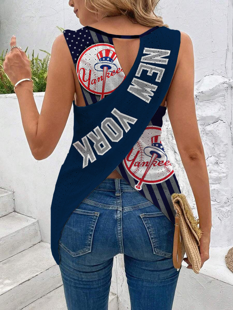 Yankees Cut Out Wrap Cross Wrap Back Asymmetrical Beach Tank Top