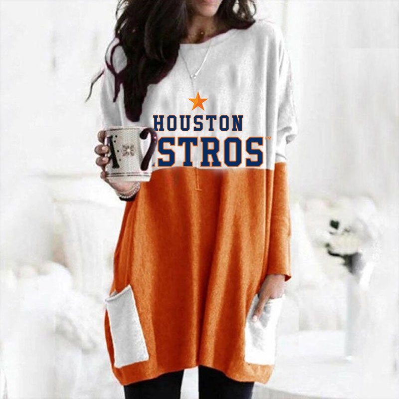 simple casual color blocking loose pocket Long Sleeve Dress