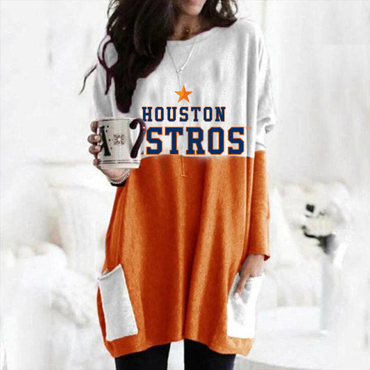 simple casual color blocking loose pocket Long Sleeve Dress