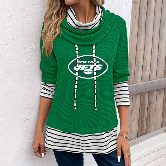 Patchwork Striped Cowl Neck Long Sleeve Sweatshirt