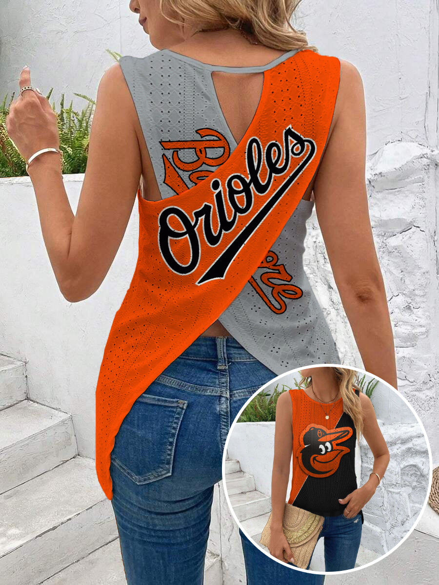 Orioles Cut Out Wrap Cross Wrap Back Asymmetrical Beach Tank Top