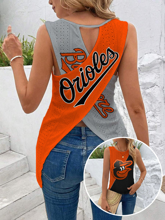 Orioles Cut Out Wrap Cross Wrap Back Asymmetrical Beach Tank Top
